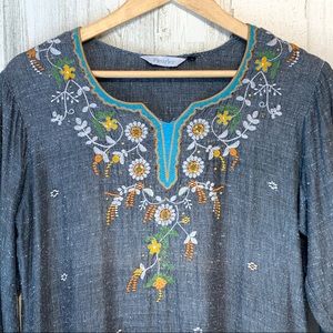Fleurier Boho 3/4 Embroidered Tunic Top Grey Sz XL